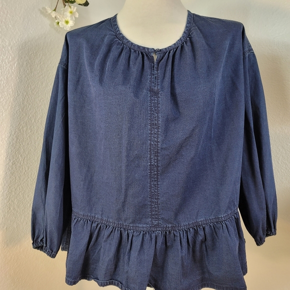 MADEWELL NAVY BLUE 100% COTTON WOMEN'S Denim BLOUSE RUFFLESLONG SLEEVES SZ SMALL - Picture 1 of 11